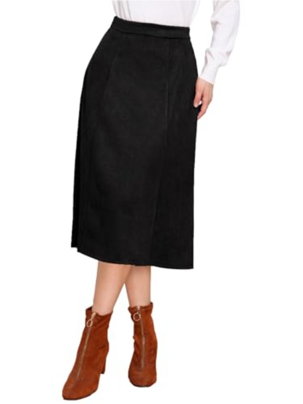 Faux Suede Midi Skirt Women's A Line High Waist Casual Fall Winter